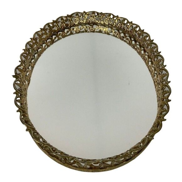 Vintage Oval Vanity Tray Gold Gilt Metal Filigree Mirror Hollywood Regency 1950s - Picture 5 of 8